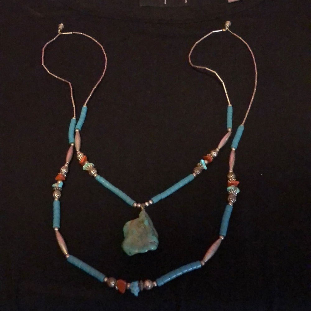 Turquoise silver double necklace